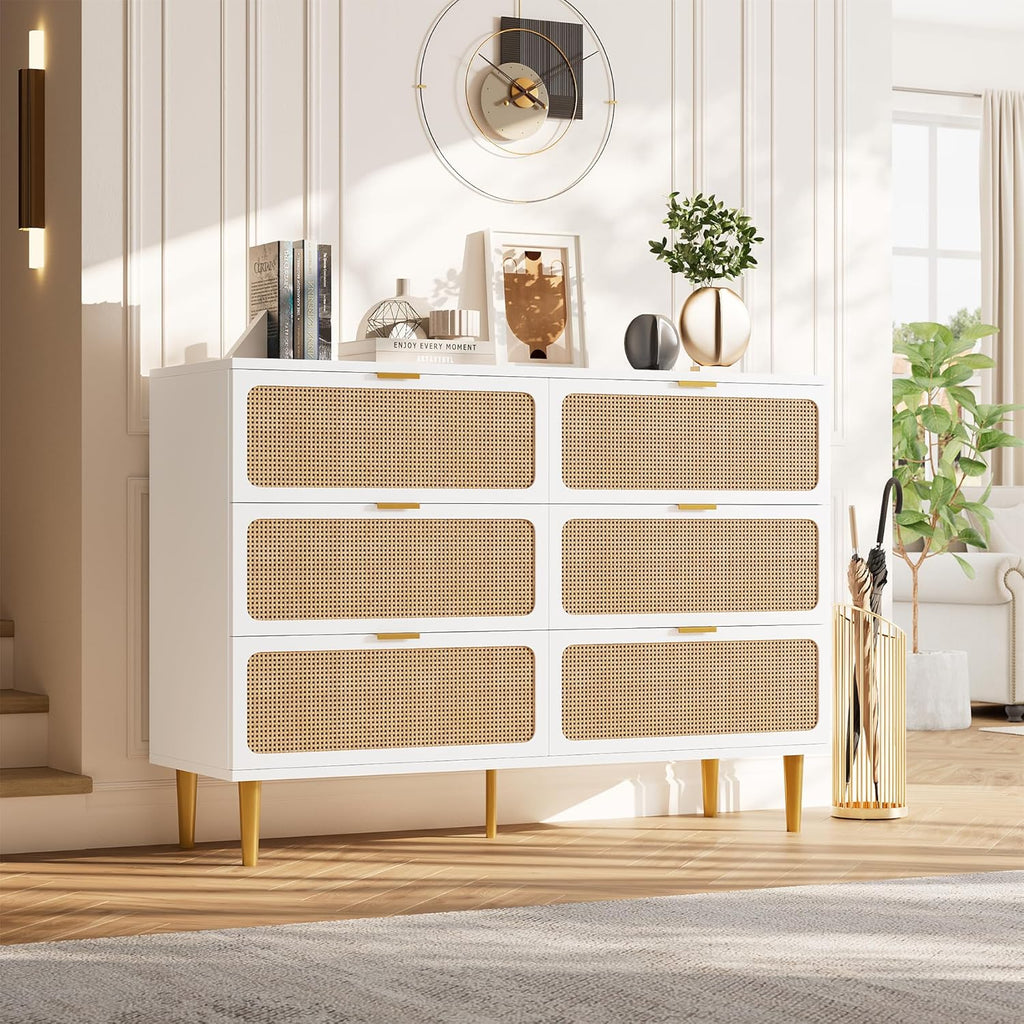 GarveeHome Rattan 6 Drawer Dressers for Bedroom, Large Double Dresser with Deep Drawers, Chest of Drawers for Closet with Wide Top, Long Wooden Dresser for Living Room, Hallway, Kids Room, White