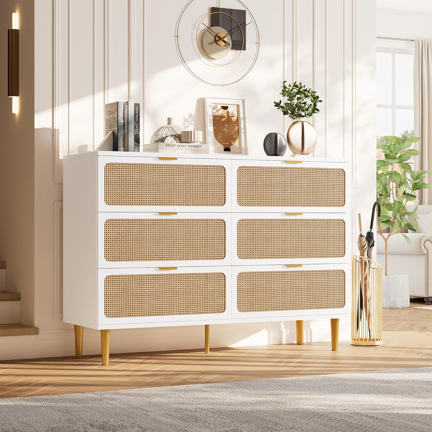 GarveeHome Rattan 6 Drawer Dressers for Bedroom, Large Double Dresser with Deep Drawers, Chest of Drawers for Closet with Wide Top, Long Wooden Dresser for Living Room, Hallway, Kids Room, White