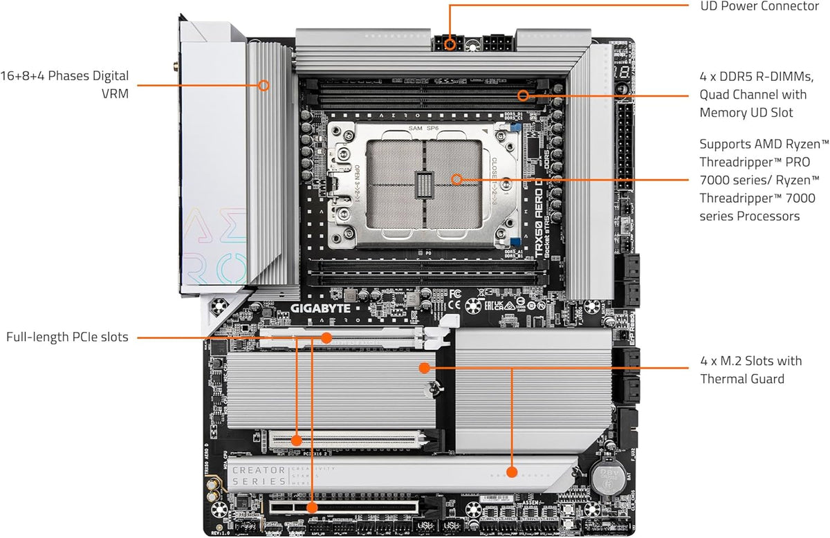 GIGABYTE TRX50 AERO D (sTR5/ AMD/ TRX50/ E-ATX/ DDR5/ PCIe 5.0 M.2/ PCIe 5.0/ USB4 Type-C/Wi-Fi 7/ Marvell 10GbE/ Motherboard) (Renewed)
