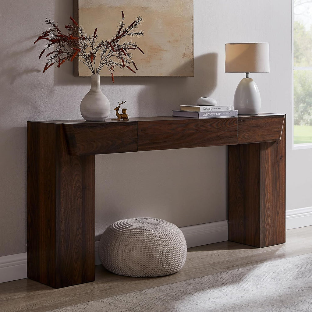 JXQTLINGMU 63" Console Table with Storage Drawer, Modern Entryway Table with Drawers, Thick Wood Legs Design, Sofa Table Behind Couch, Wood Console Tables for Entryway Hallway Living Room, Brown