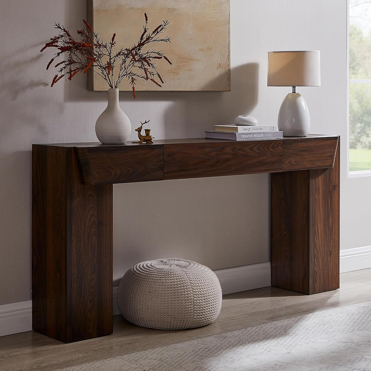 JXQTLINGMU 63" Console Table with Storage Drawer, Modern Entryway Table with Drawers, Thick Wood Legs Design, Sofa Table Behind Couch, Wood Console Tables for Entryway Hallway Living Room, Brown