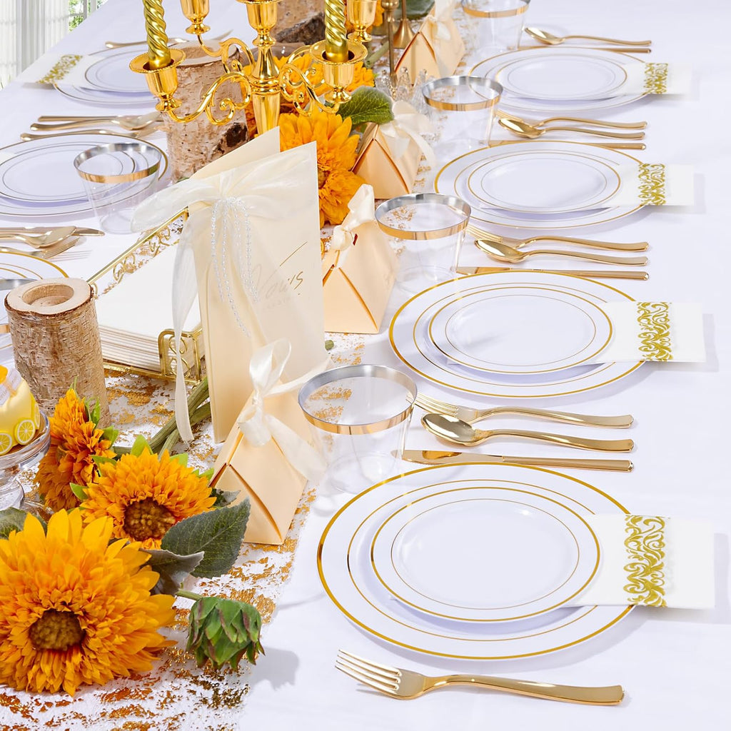 WELLIFE 700 Pieces Gold Plastic Dinnerware Set for 100 Guests - Includes Plates, Cups, Napkins, and Disposable Cutlery - Elegant White & Gold Design, Perfect for Parties and Events