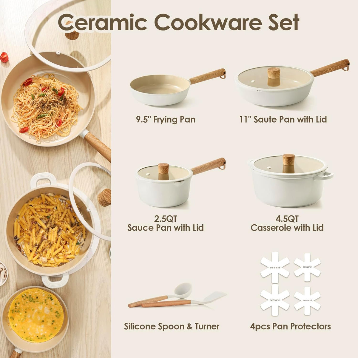 SENSARTE 14 Pcs Nonstick Ceramic Cookware Set, Non-toxic Pots and Pans Set, Healthy Non Stick Kitchen Cooking Set, PFAS/PTFE Free