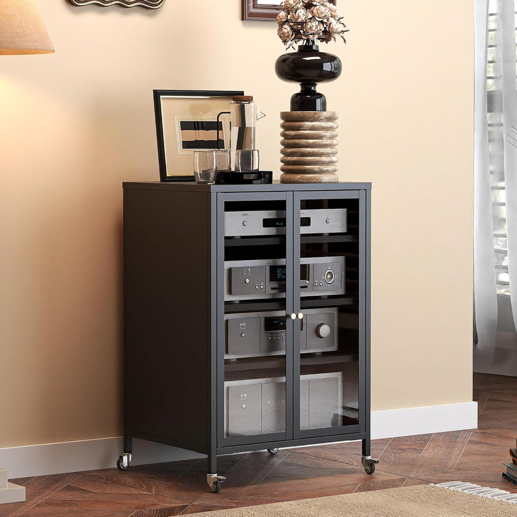 Heavy Duty 4-Tier Media Cabinet, Audio-Video Media Stand with Tempered Glass Doors, Metal Stereo Cabinets with 3 Adjustable Shelves, Storage Cabinet for Entertainment Stereo Component