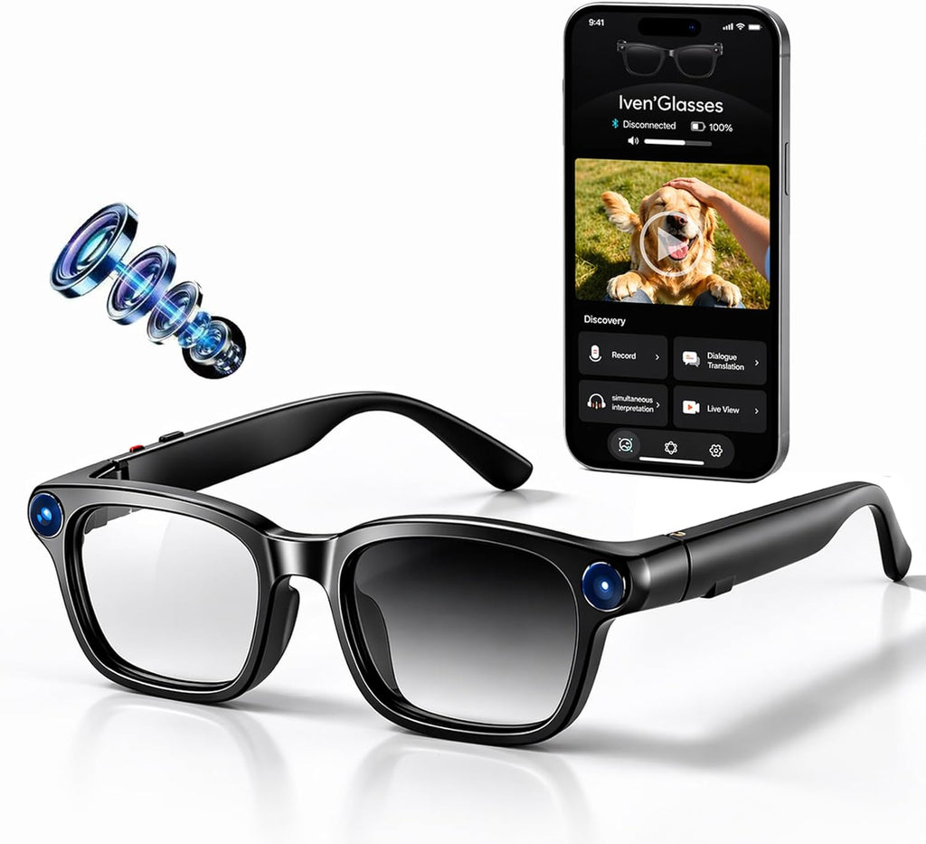 AI Smart Glasses with Camera for Men Women, 4K Video Recording, Real-Time Translation, Photochromic Lenses, Open Ear Bluetooth Audio, POV Camera Glasses for Travel Cycling Driving