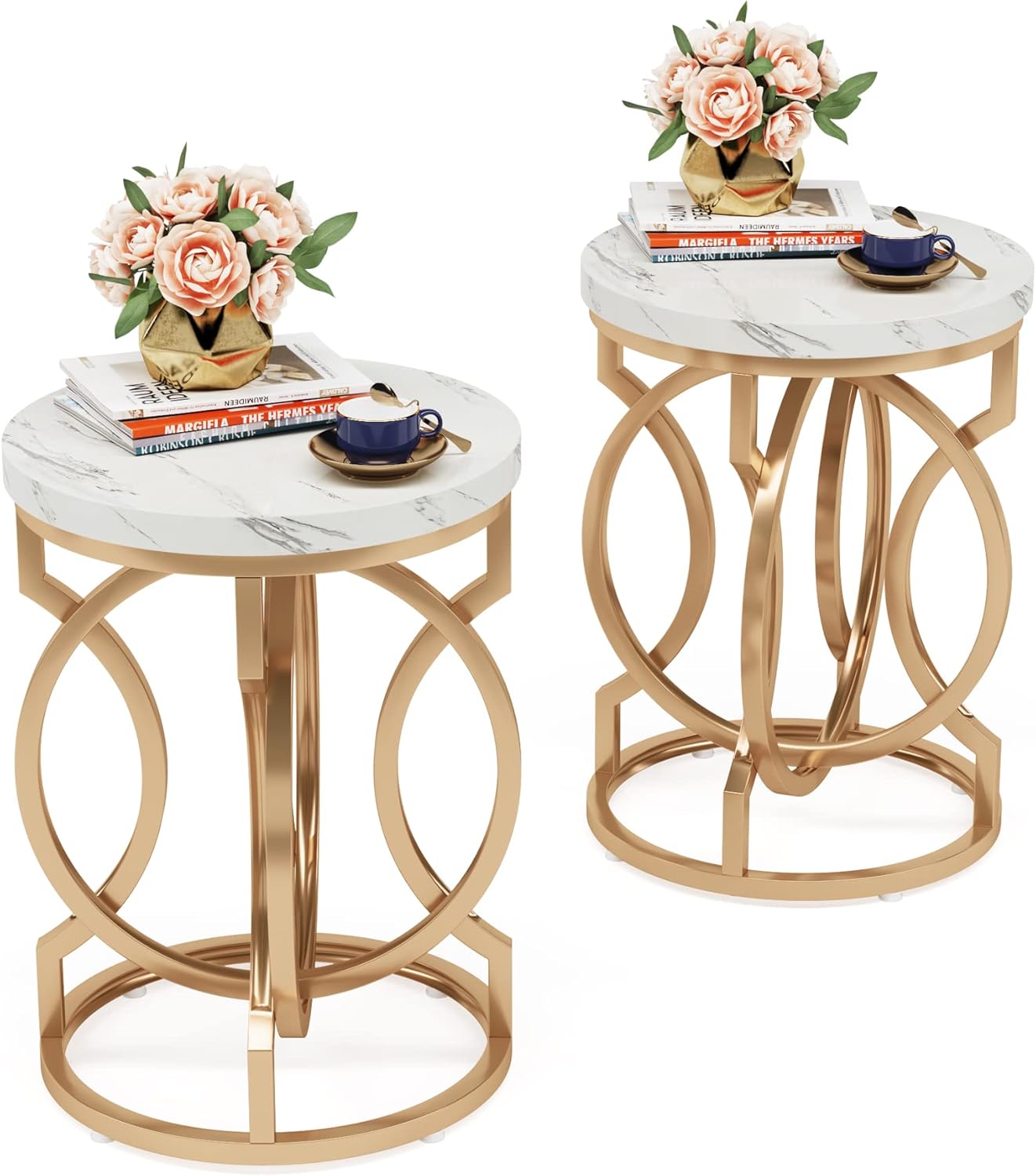Tribesigns Modern Round End Table Set of 2 with Thickened Tabletop, 20" Gold Side Table with Unique O-Shaped Metal Base, Midcentury Nightstand for Living Room Bedroom, White + Gold