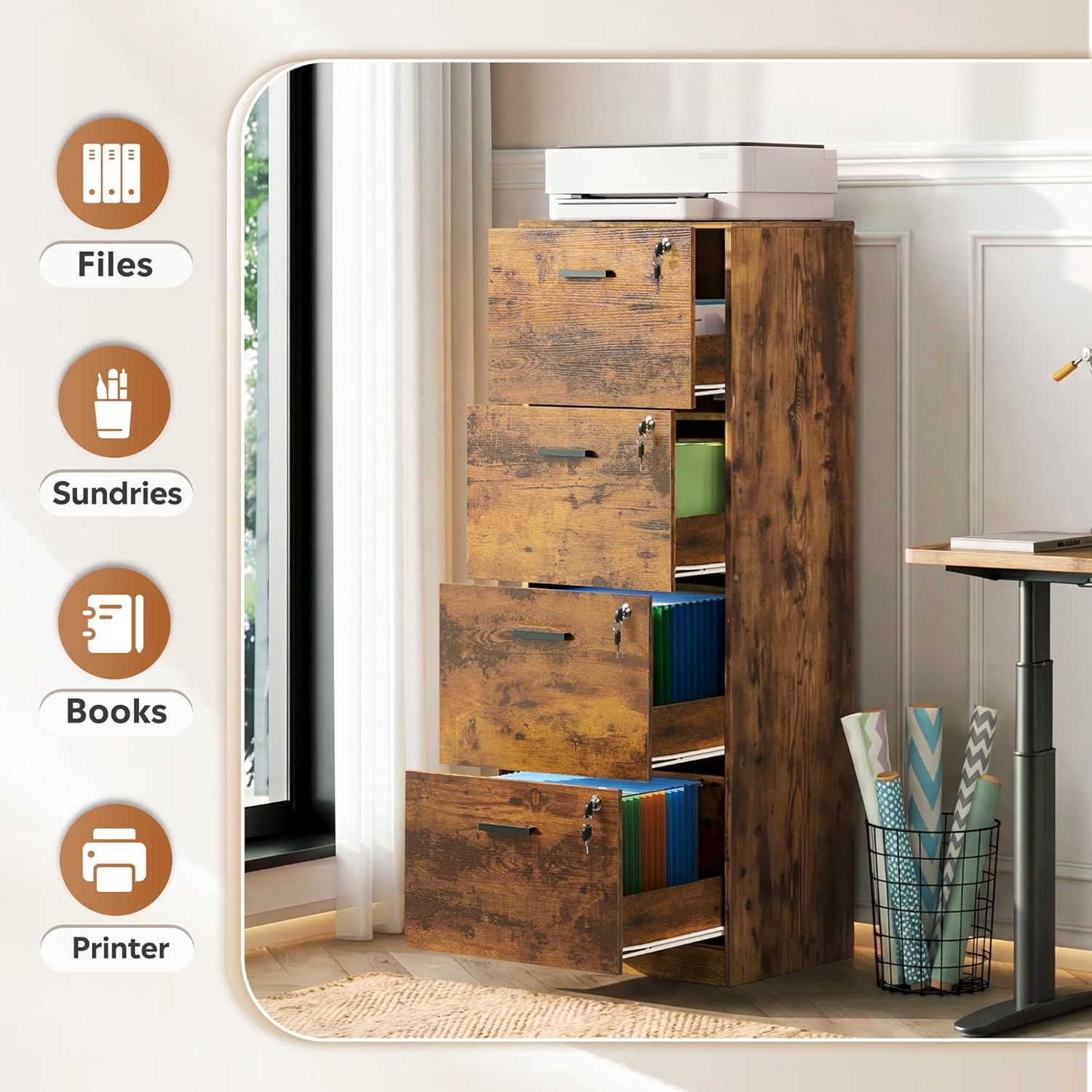 DEVAISE 4 Drawer Vertical File Cabinet, Wood Filing Cabinet with Lock, Home Office File Storage Cabinet for Letter and A4 Size, Printer Stand, Rustic Brown