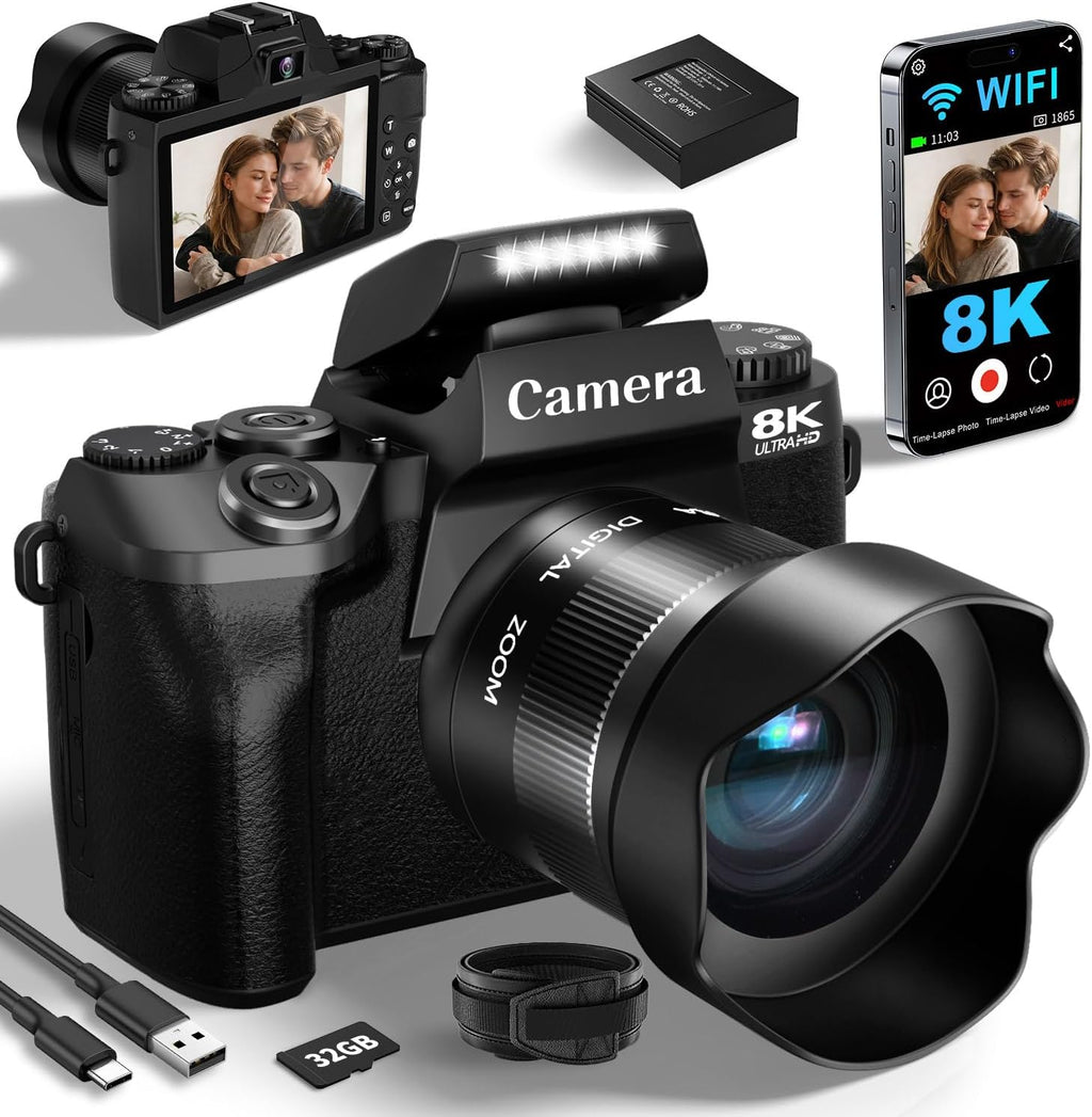 8K Digital Cameras for Photography, WiFi 64MP Vlogging Camera for YouTube, 4" Touch Screen Digital Camera with Dual Lens, Auto Focus, 16X Digital Zoom, 3000mAh Battery, 32GB Card, Black