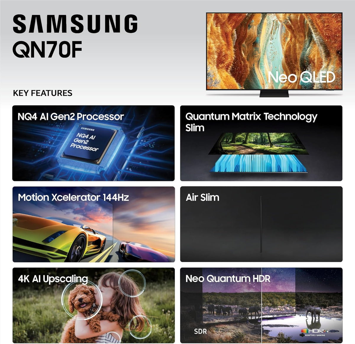 Samsung 65-Inch Class Neo QLED QN70F 4K Mini LED Smart TV (2025 Model) NQ4 AI Gen2 Processor, Quantum Matrix Technology Slim, Motion Xcelerator 144Hz, Samsung Vision AI, Alexa Built-in