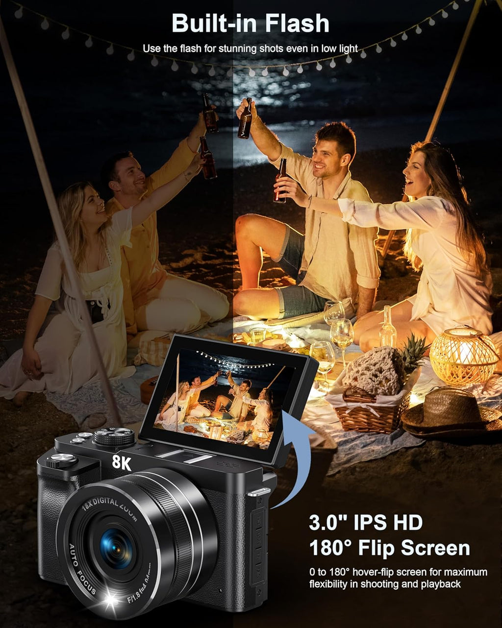 8K Digital Camera, 88MP Cameras for Photography, Vlogging Camera for YouTube with 3" 180° Flip Screen, 18X Zoom UHD Autofocus Video Camara with Lens Hood, 64GB Card