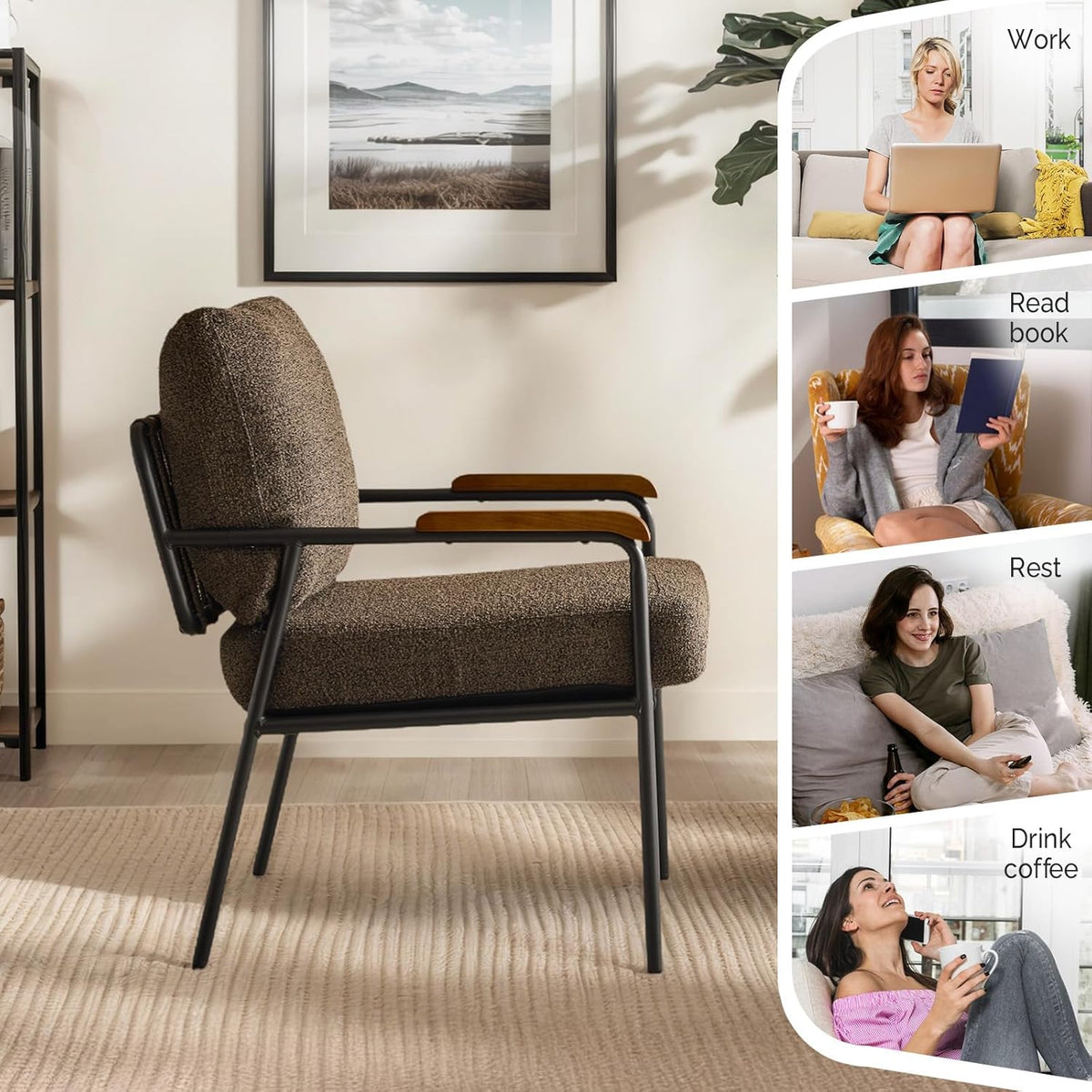 VINGLI Mid-Century Modern Accent Armchiars Set of 2 for Small Space, Small Comfy Upholstered Leisure Reading Chairs with Wood Armrests for Bedroom, Living Room, Waiting Room, Linen Expresso