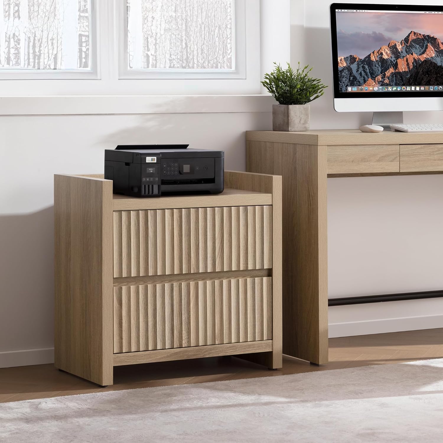SICOTAS Night Stands Set of 2-Fluted Nightstands with Charging Station- Large Nightstand Bedside Table End Table with 2 Drawers, 25" Tall Mid Century Modern Night Stand for Bedroom, Sofa Side