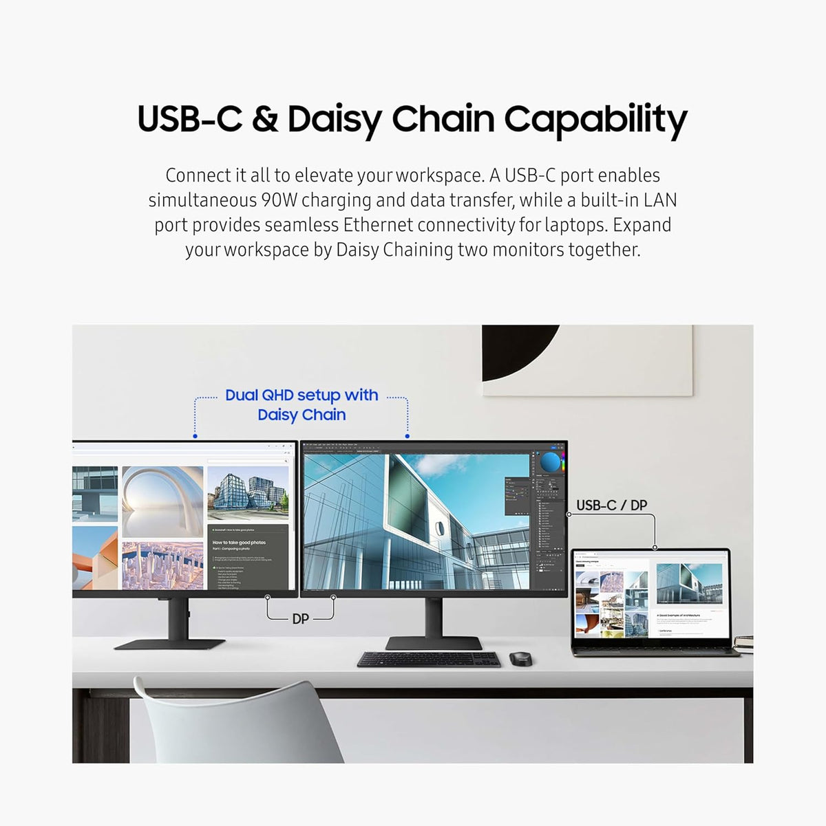 SAMSUNG 27" ViewFinity S6 (S60UD) Series QHD High Resolution Computer Monitor, 100Hz, HDR10, USB-C, Built-In LAN Port, Daisy Chain Support, Easy Setup, Height Adjustable Stand, LS27D606UANXGO, 2024