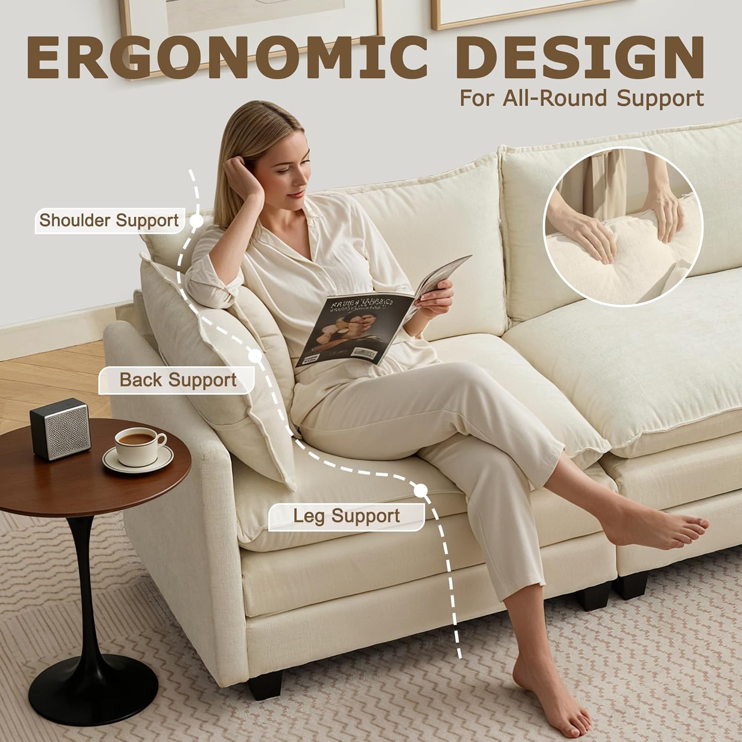 113” Modular Sectional Sofa, L Shaped Cloud Couch with Movable Ottoman, Comfy Chenille Deep Seat Sofa with Throw Pillows, 4 Seat Modern Couches for Living Room Bedroom Apartment, Beige