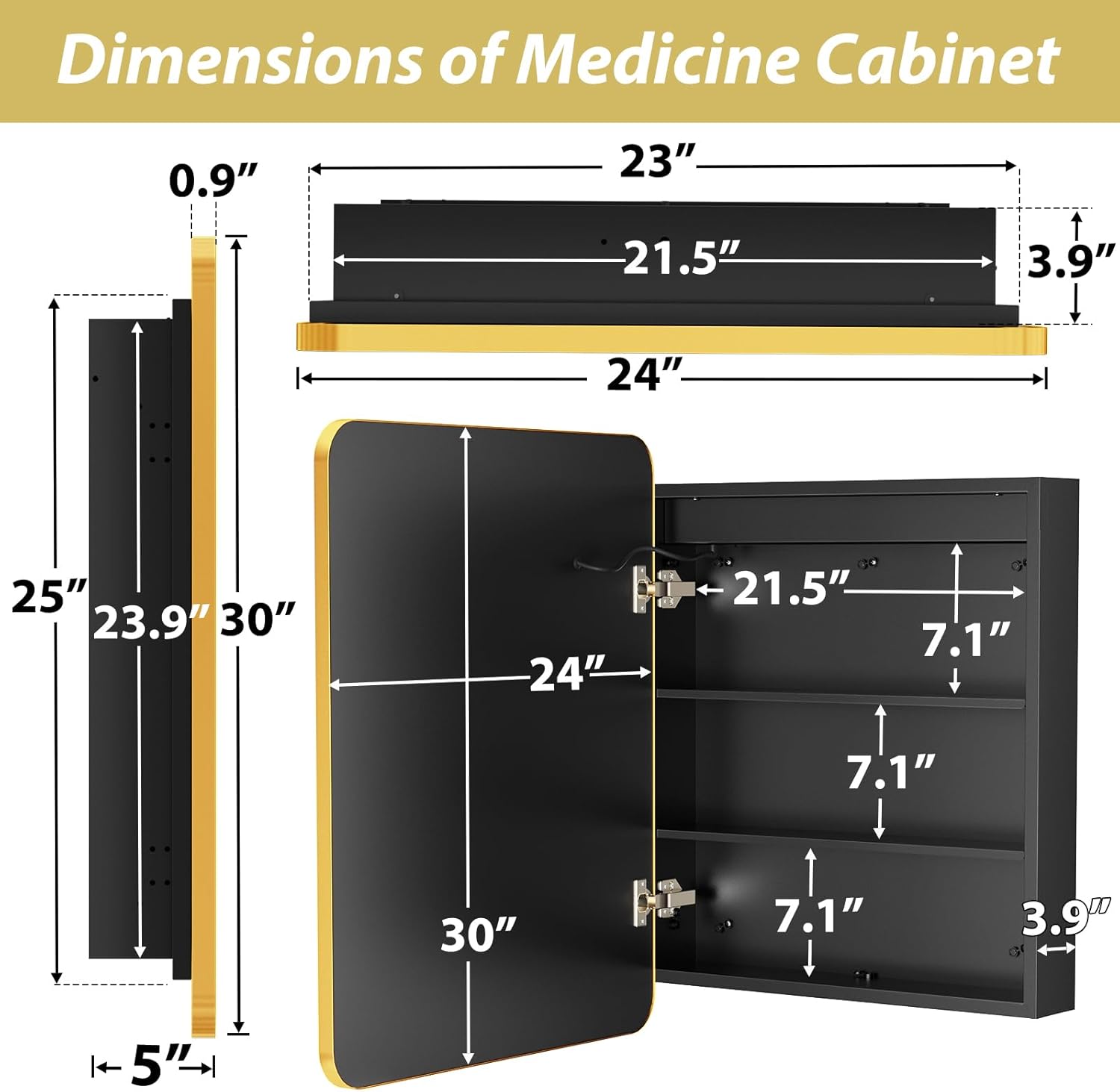APRILSOUL 24X30 Inch Gold Bathroom Medicine Cabinet with Mirror, Recessed or Surface Lighted Medicine Cabinet with 3 Colors Temperature, Dimmable Light