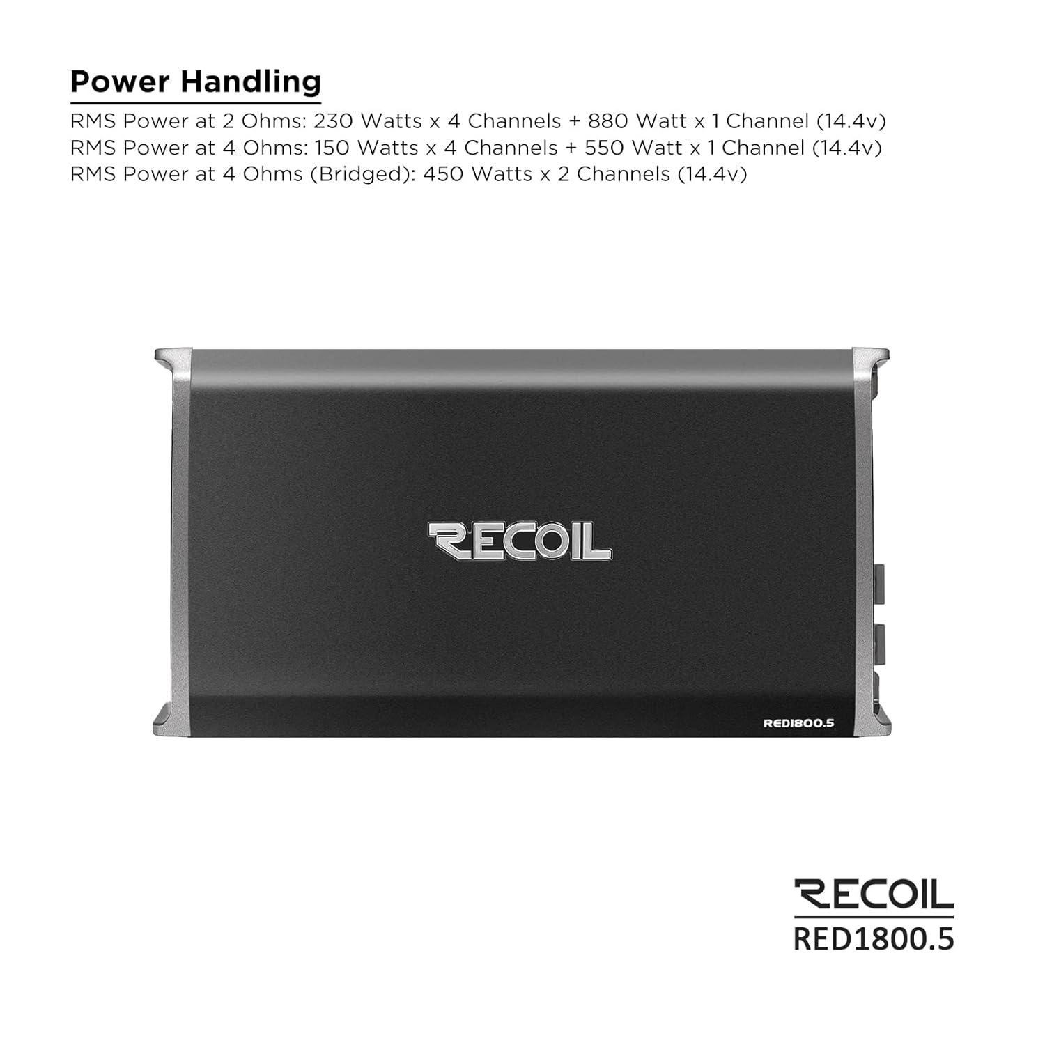 Recoil RED1800.5 1800 Watts Class-D Car Audio 5-Channel Amplifier, Mono 1 Ohm Stable, Remote Bass Knob Included