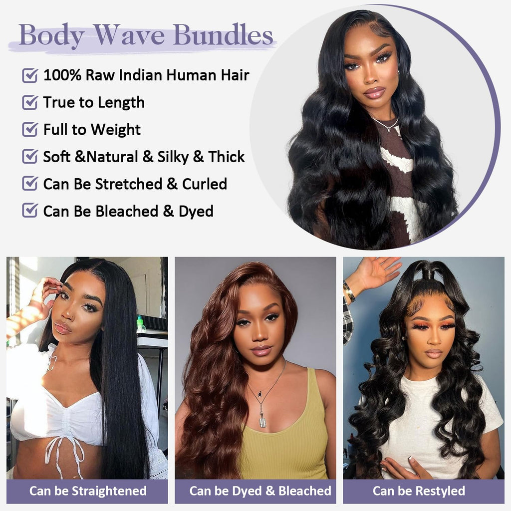 Body Wave Bundles Human Hair 22 24 26 Inch 12A Raw Indian Virgin Bundles Human Hair,Sew In Quick Weave 100% Human Hair Bundles,No Tangle Shedding Triple Lifespan,Multiple Wash Keep Texture