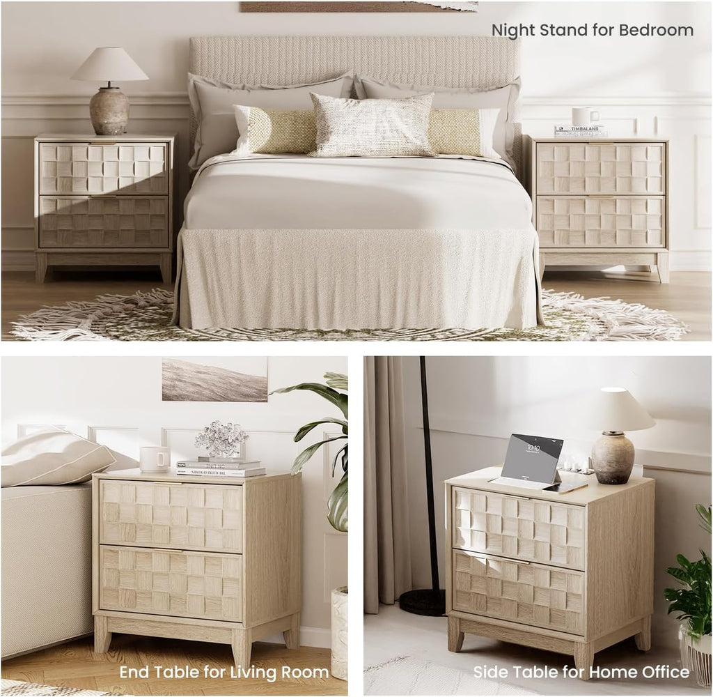 COLAMY Night Stand with Charging Station Set of 2, Modern Nightstand Bedside Table, Wooden 2 Drawers Dresser, with Chessboard Relief and Charger, for Bedroom, Living Room and Small Space - Oak