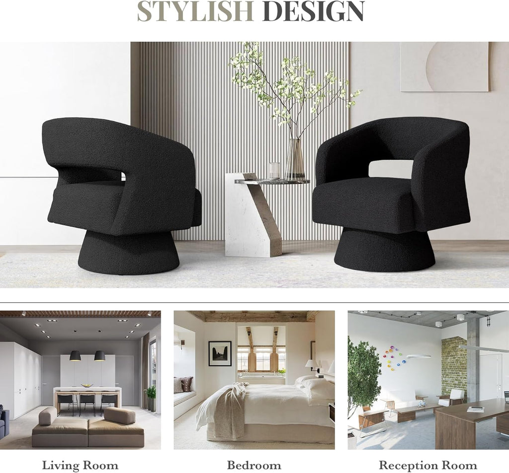 Luxanimarion Swivel Barrel Accent Chair,Oversized Teddy Upholstered Round Swivel Chair,Modern Luxury 360 Degree Living Room Vanity Chair for Bedroom Office,Black,2PCS