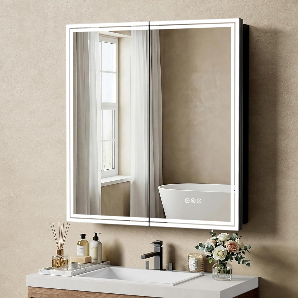 30"x32" Lighted Bathroom Medicine Cabinet, LED Medicine Cabinet Mirror with Electrical Outlet & USB Port, Defogger and Dimmable 3 Colors Adjustment, Aluminum Door Frame-Recessed/Wall Mounted