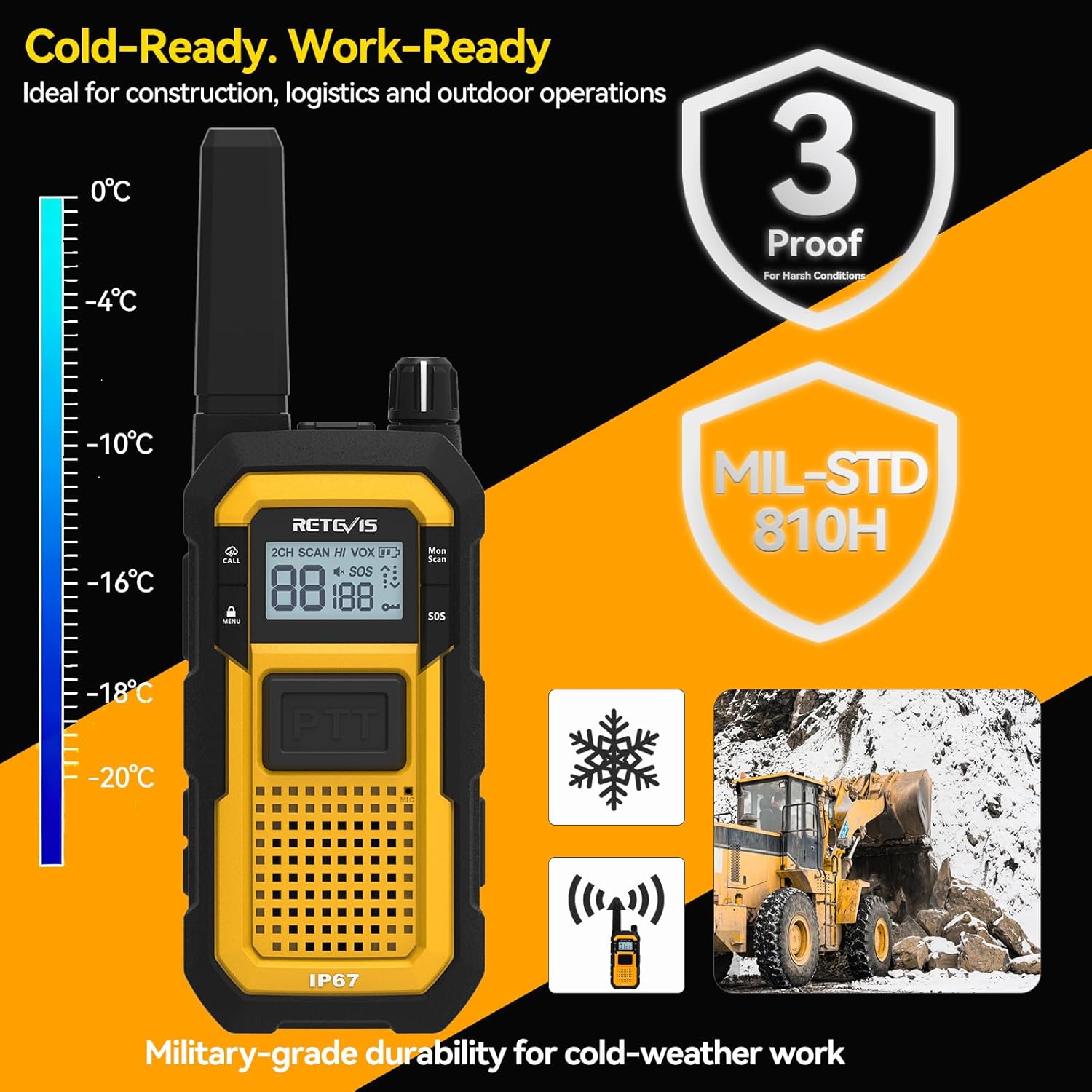 Retevis RB48 2 Way Radio Long Range, IP67 Waterproof Walkie Talkies Adults, Drop-Proof, 2000mAh, Emergency, Heavy Duty Two Way Radios, for Job Site Construction Warehouse(6 Pack)