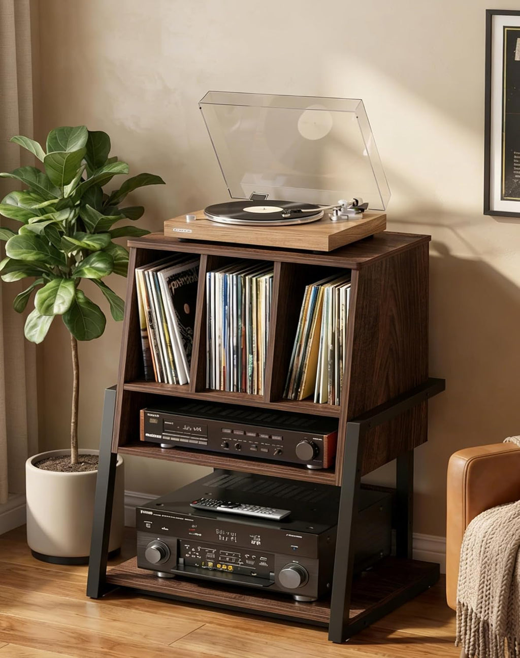 Homieasy Record Player Stand with Vinyl Storage Cabinet, 22" Record Player Table Up to 200 Albums, Large Wood Turntable Stand with Record Album Holder with Charging Station & LED Light, Espresso