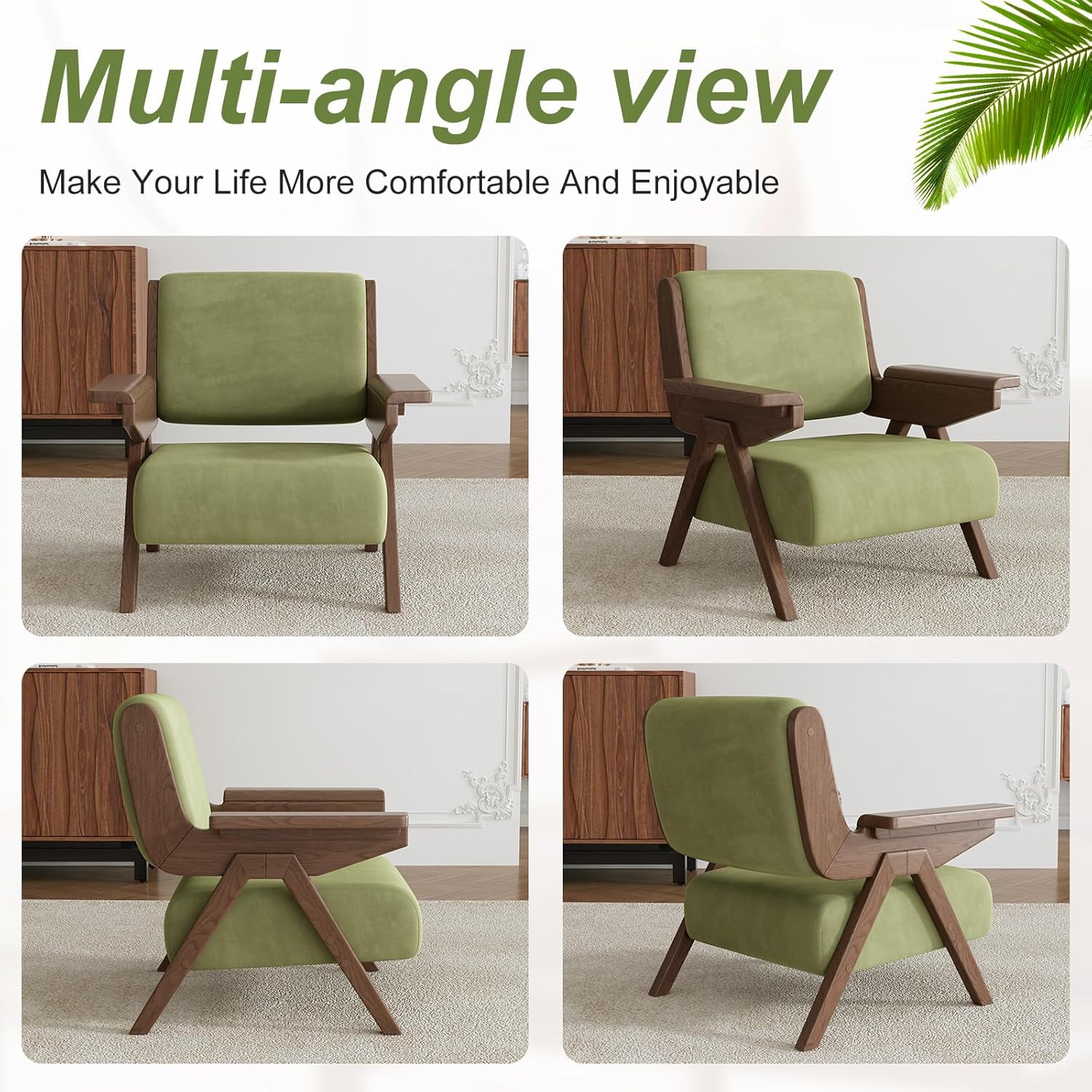 Accent Chair Set of 2, Mid Century Modern Chair, Velvet Upholstered Lounge Arm Chair with Solid Wood, Cozy Seating for Living Room, Bedroom, Balcony (Green)