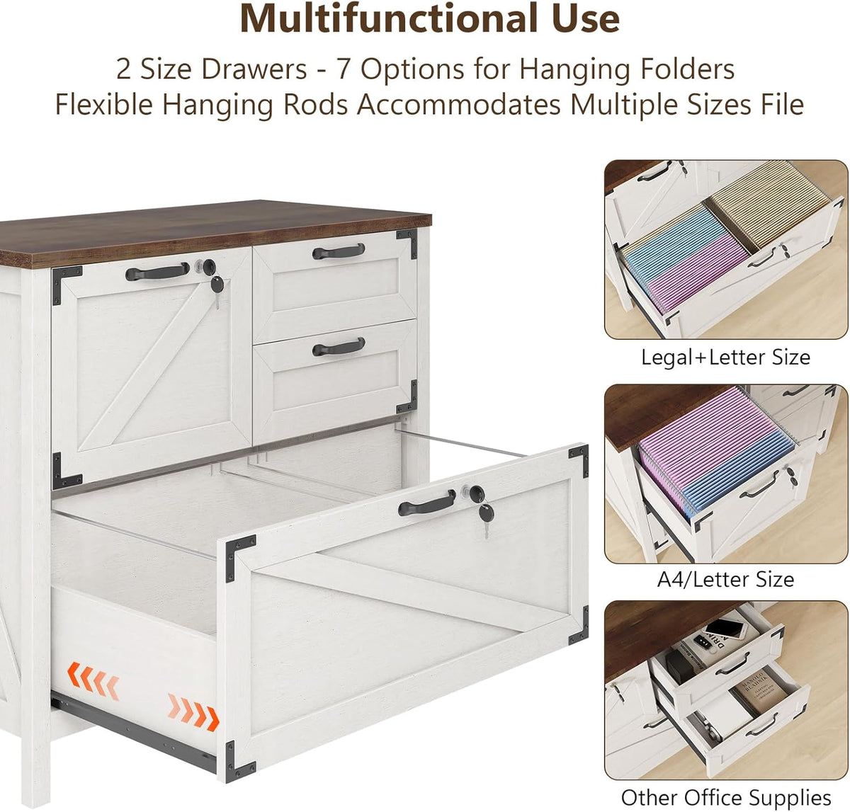 Halitaa Lateral File Cabinet with 4 Drawers, Farmhouse File Cabinet for Letter/Legal/A4 Size Hanging Files, Large Wood File Storage Cabinets Printer Stand for Home Office Cabinets, White with Lock