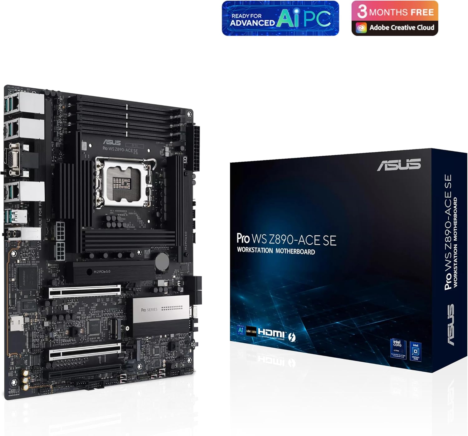 ASUS Pro WS Z890-ACE SE Z890 LGA 1851 ATX Motherboard, Intel® Core™ Ultra Series 2 Ready, Advanced AI PC-Ready, PCIe® 5.0, DDR5, 10G & 2.5G LAN, 4X M.2, USB 20Gbps, Thunderbolt™ 4, onboard BMC, AI OC
