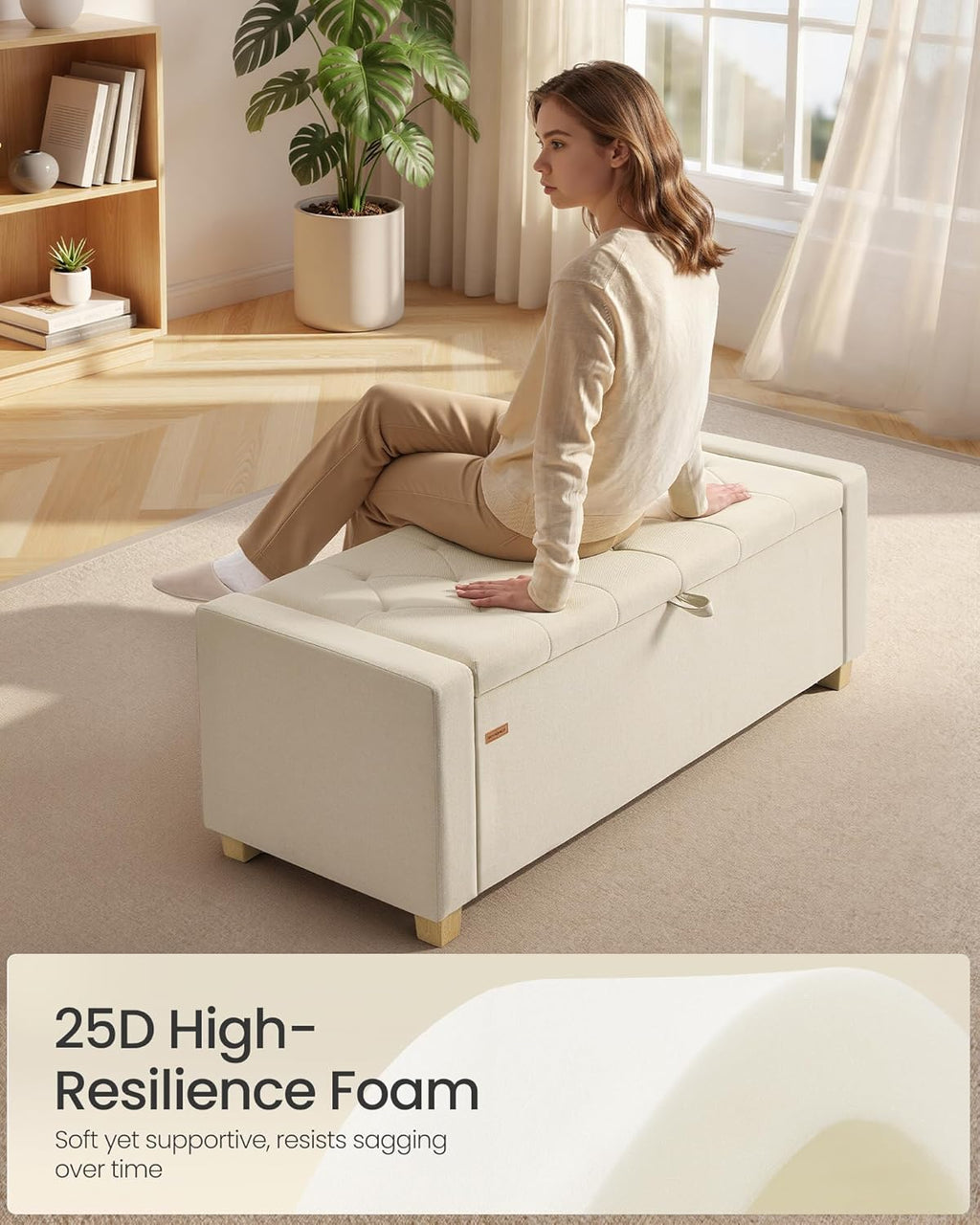SONGMICS Storage Ottoman, Storage Chest Bench with Legs, End of Bed Bench with Safety Hinges, Pull Tab, for Living Room, Bedroom, 19.7 x 47.6 x 16.5 Inches, Linen-Look Fabric, Summer Sand ULOM511LF01