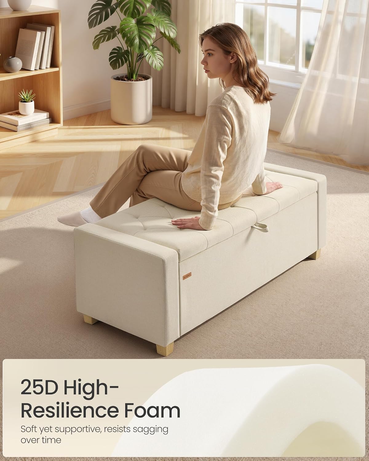 SONGMICS Storage Ottoman, Storage Chest Bench with Legs, End of Bed Bench with Safety Hinges, Pull Tab, for Living Room, Bedroom, 19.7 x 47.6 x 16.5 Inches, Linen-Look Fabric, Summer Sand ULOM511LF01