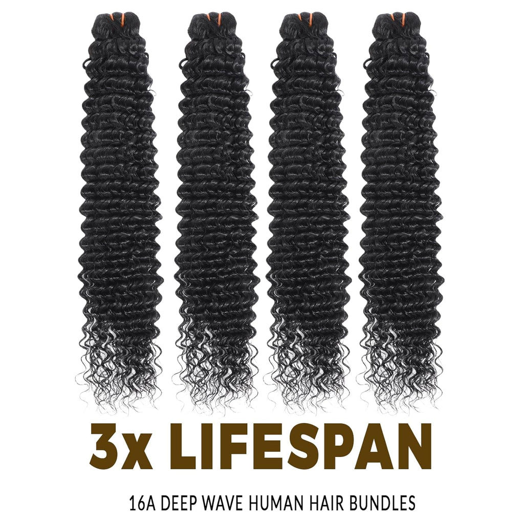 16A Raw Deep Wave Human Hair Bundles, Deep Curly Wet and Wavy Bundles Human Hair, Brazilian Virgin Hair Extensions, Silky Soft After Multiple Washes (4 Bundles-Natrual Black, 18 20 22 24 Inch)