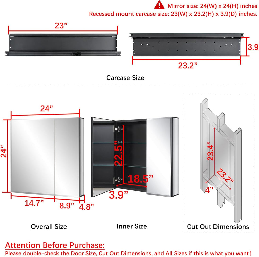Fundin Black Aluminum Medicine Cabinet 24 x 24 Inch Recessed or Surface Mount, with Double Door and Adjustable Shelves.