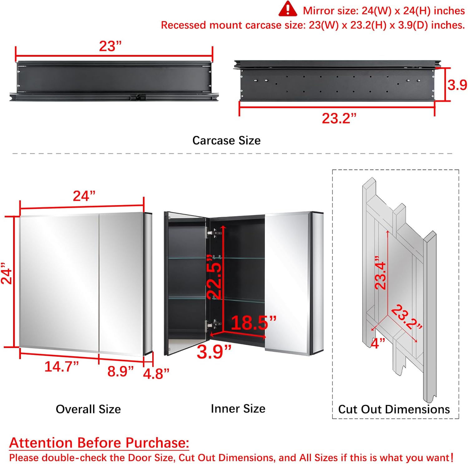 Fundin Black Aluminum Medicine Cabinet 24 x 24 Inch Recessed or Surface Mount, with Double Door and Adjustable Shelves.