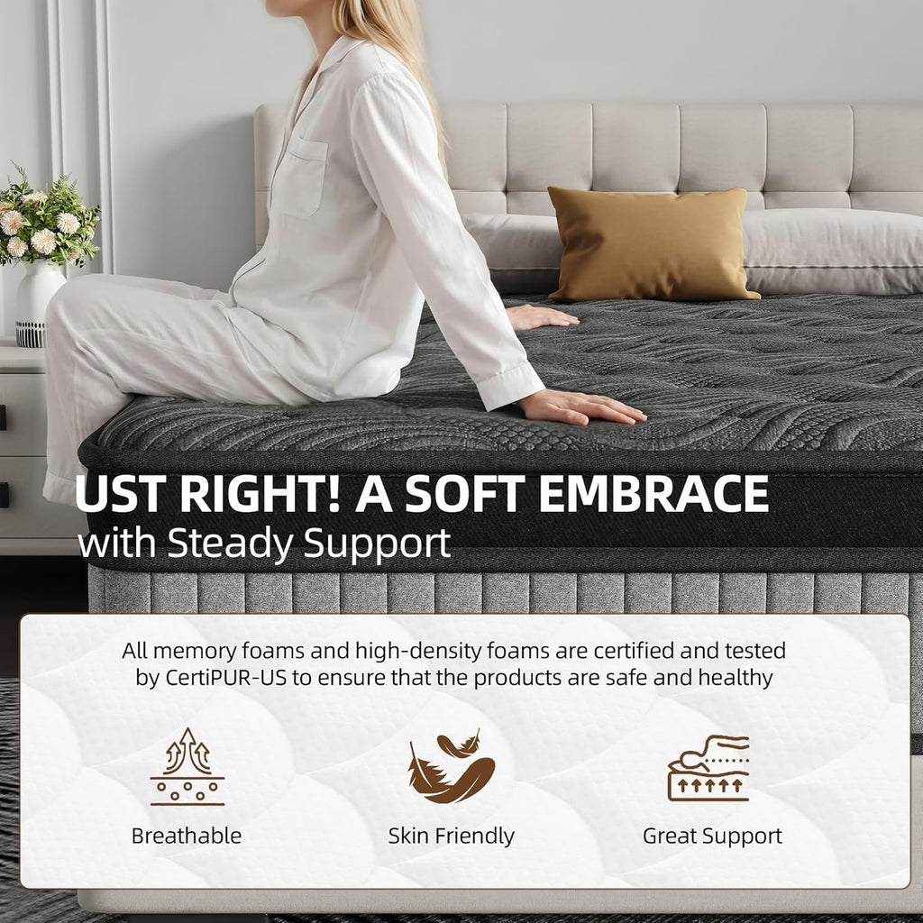 Queen Size 14 Inch Hybrid Mattress in a Box, Medium Firm Black and Gray Fabric Cover with Pocket Spring and Memory Foam - Breathable Supportive Cool Sleep for Back Side Stomach Sleepers
