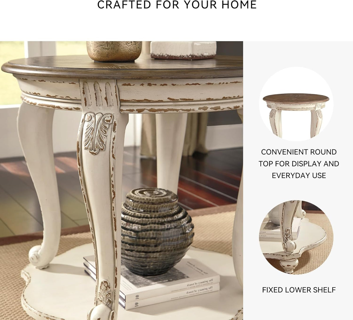 Signature Design by Ashley Realyn Round End Table, Cottage-Style Side Table with Antiqued Two-Tone Finish, Wood & Veneer Construction for Living Room or Bedroom, White/Brown