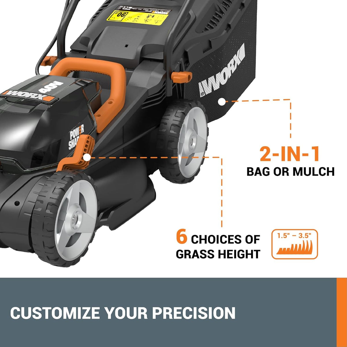 WORX 14" Cordless Lawn Mower, 2 in 1 Electric Mower Cuts Quietly, Compact & Lightweight Push Lawn Mower with 6-Position Height Adjustment for Small Yards, 2 Batteries & Charger Included, WG779
