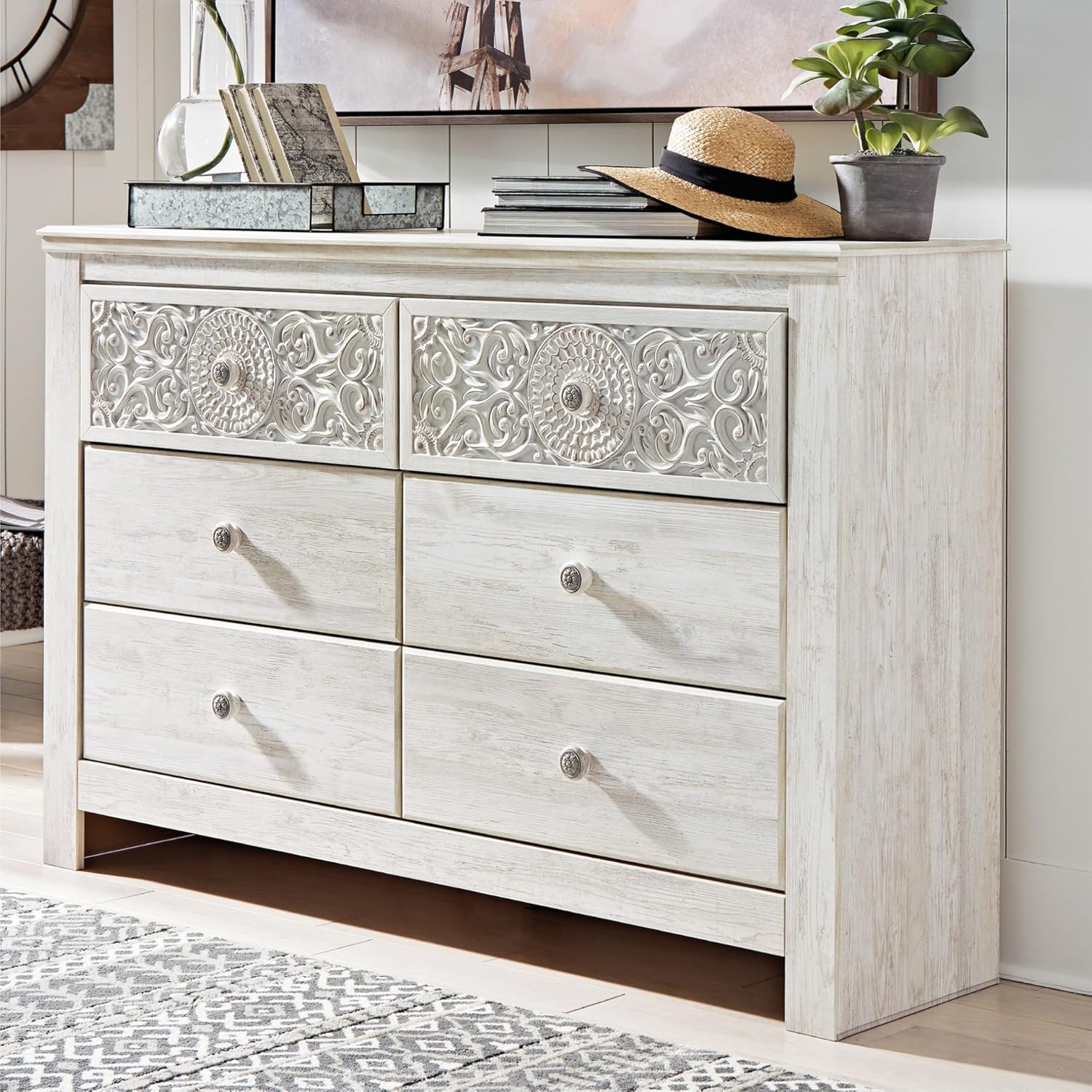 Signature Design by Ashley Paxberry Boho 6 Drawer Dresser, Smooth-gliding Faux Laminate Lined Drawers, Wood, 61.26" W x 15.83" D x 40" H, Whitewash