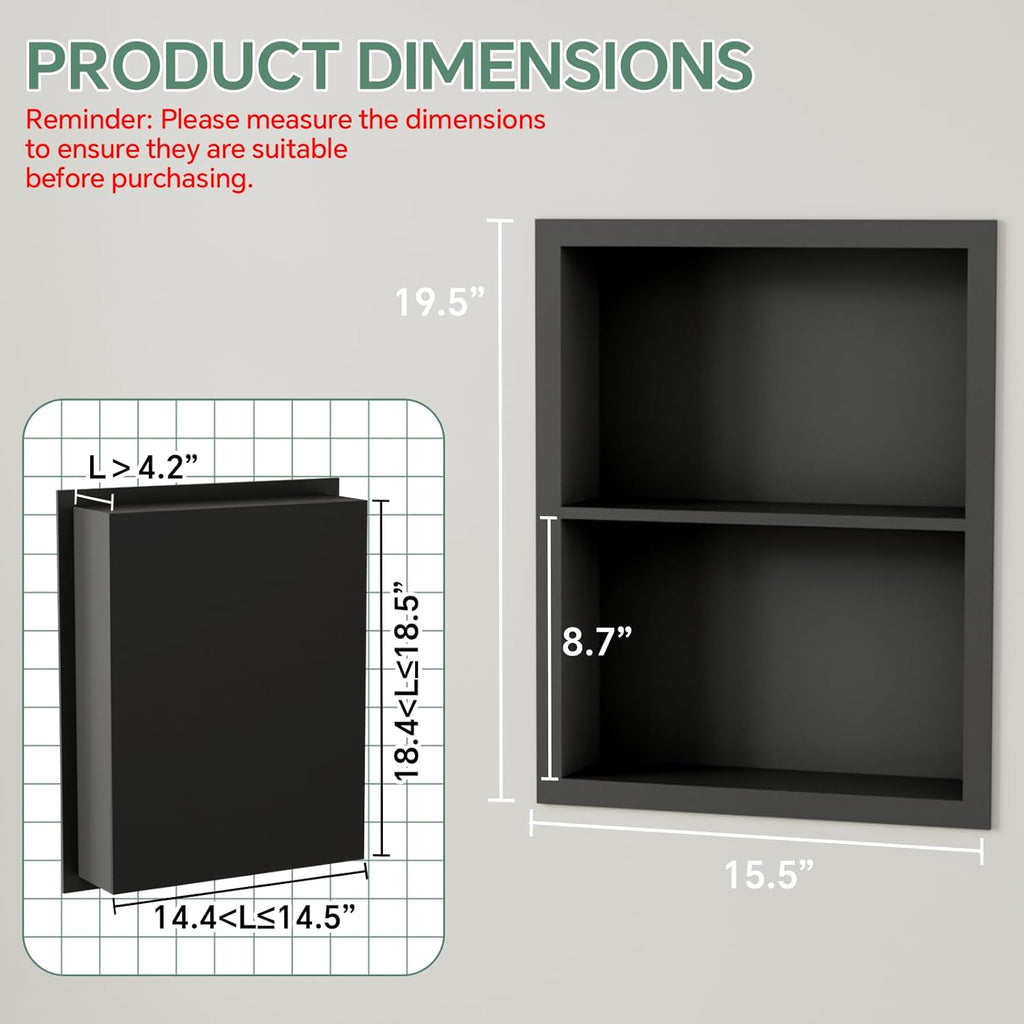 Stainless Steel Recessed Medicine Cabinet 14''*18'', Rust-Proof Metal Wall Niche, in Wall Shower Niche Shelf Insert Replacement, Recessed Medicine Cabinets for Drywall, Bathroom Storage, Black