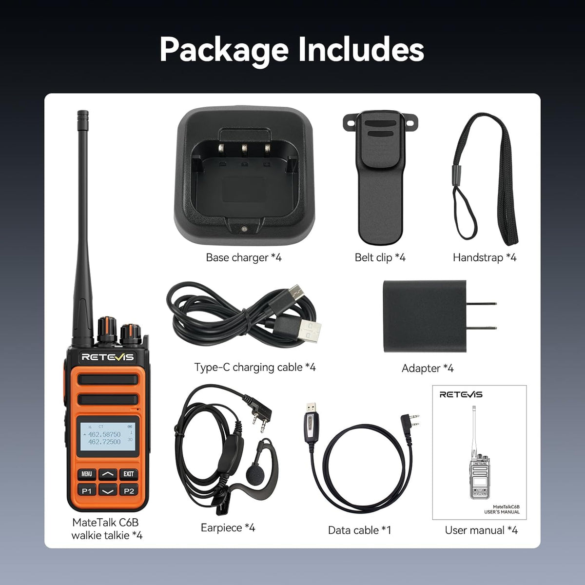 Retevis MateTalk C6B GMRS 2 Way Radio Long Range,Fast Charging Walkie Talkies Rechargeable with Earpieces,NOAA,LCD Screen,Type-C,1500mAh,Easy Pairing,Rugged Two Way Radio for Security Job site(4 Pack)