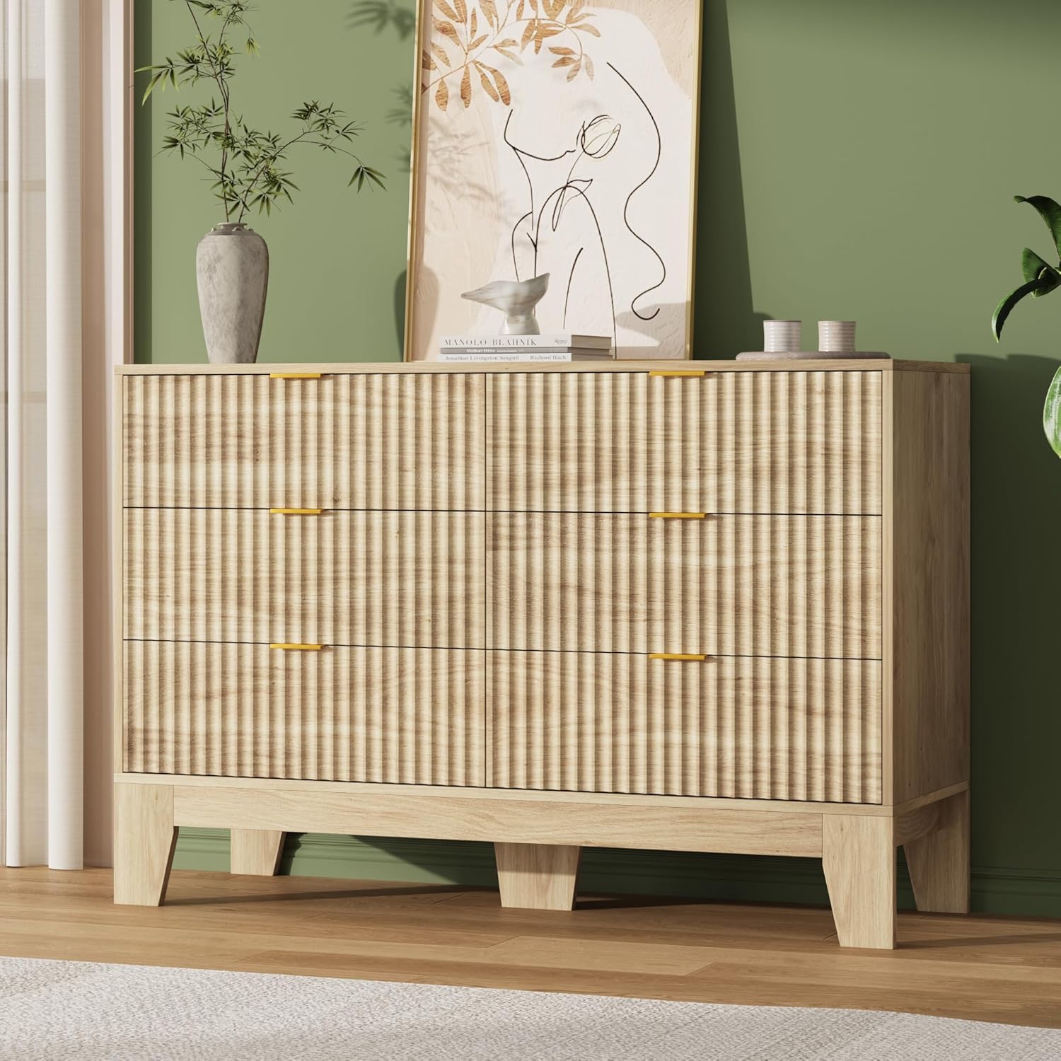 Garvee 6 Drawer Dresser for Bedroom, 47" Wide Fluted Chest of Drawers with Metal Handle, Modern Wooden Dresser TV Stand, Clothes Storage Organizer Wood Closet for Hallway, Entryway, Natural Oak
