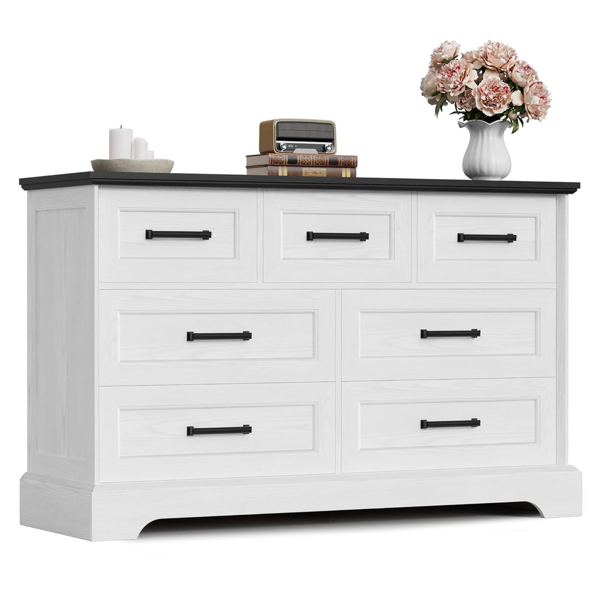 Furmax Farmhouse Dresser for Bedroom, 7 Drawers Dresser, Wood Chest of Drawers, 47.5" Wide Storage Dressers Organizer for Bedroom, Living Room, White and Black