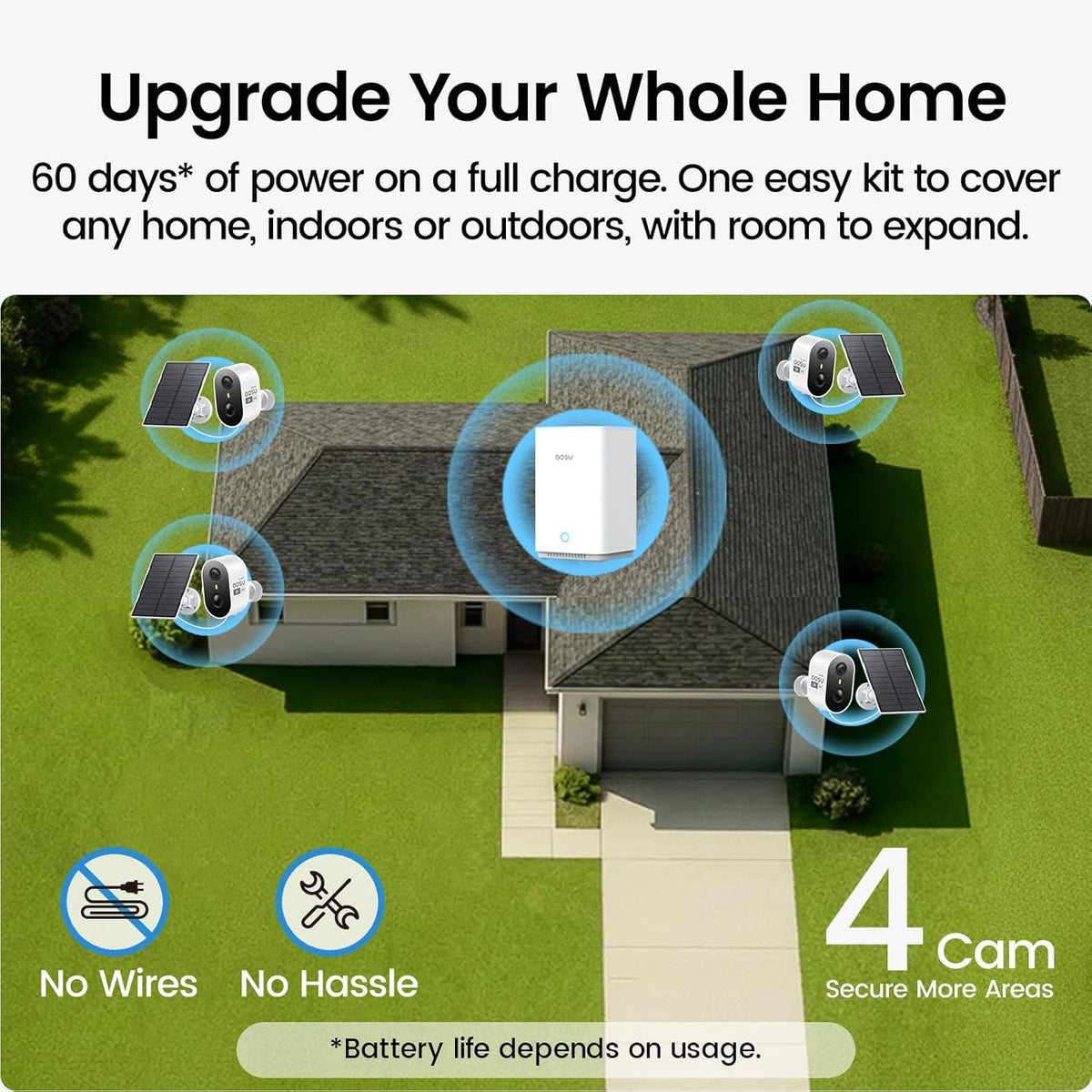 aosu Solar Security Cameras Wireless Outdoor Home System, True 2K HD, Cross-Camera Tracking, PIR + AI Human Detection, Color Night Vision, Local Storage, No Subscription Required, 4-Cam-Kit