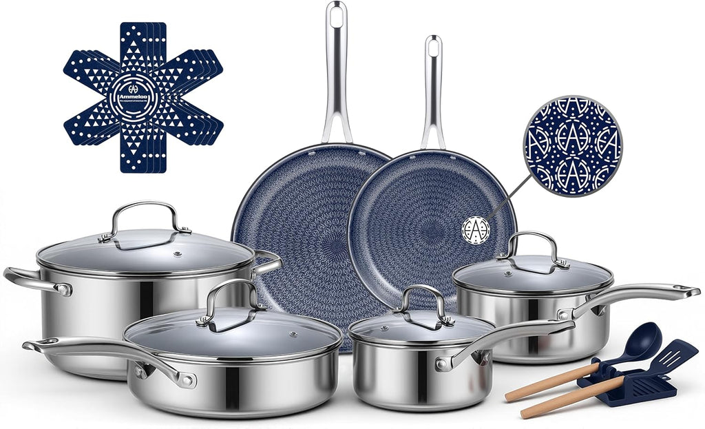 Ammeloo Hybrid Stainless Steel Cookware Set, 17-Piece Tri-Ply Pots and Pans Set Non Stick, Induction Kitchen Cookware Sets, Dishwasher & Oven Safe, PFOA Free, All Cooktops Compatible, Navy Blue