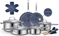 Ammeloo Hybrid Stainless Steel Cookware Set, 17-Piece Tri-Ply Pots and Pans Set Non Stick, Induction Kitchen Cookware Sets, Dishwasher & Oven Safe, PFOA Free, All Cooktops Compatible, Navy Blue
