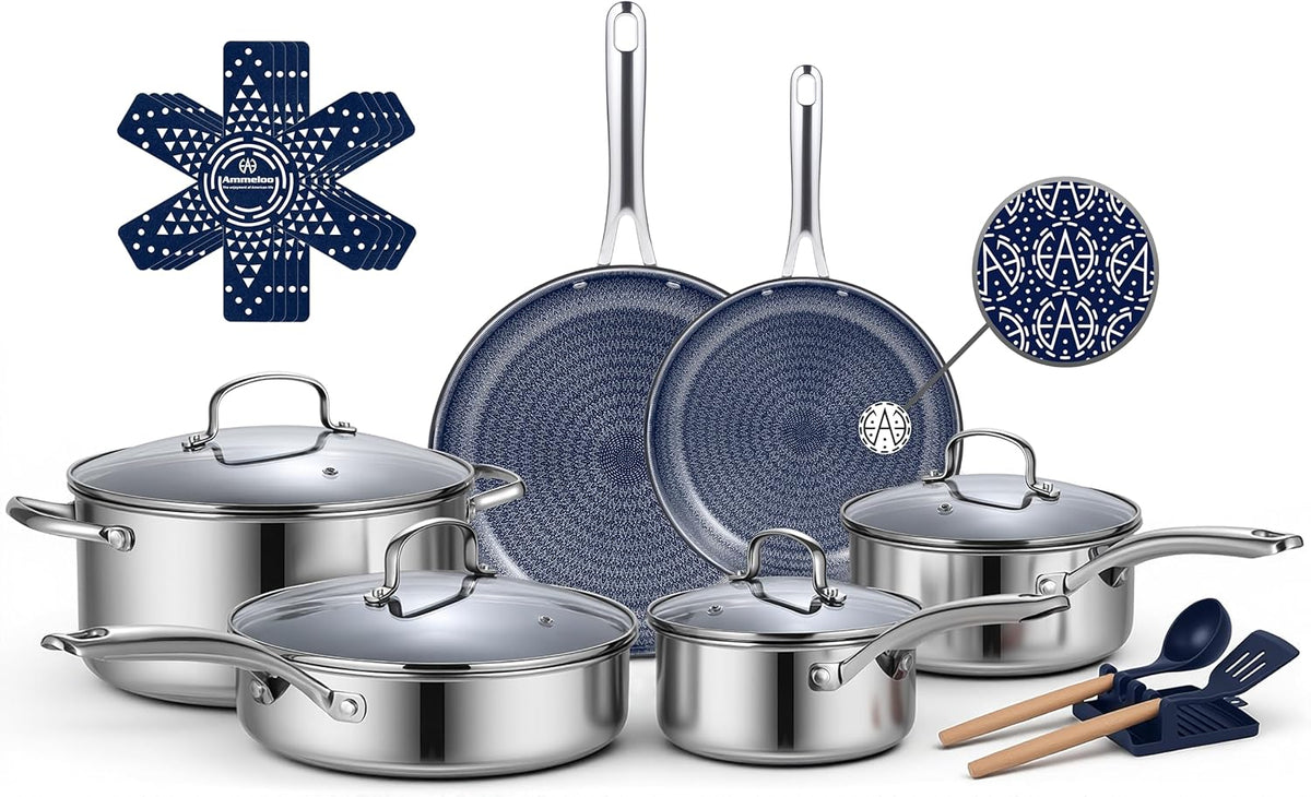 Ammeloo Hybrid Stainless Steel Cookware Set, 17-Piece Tri-Ply Pots and Pans Set Non Stick, Induction Kitchen Cookware Sets, Dishwasher & Oven Safe, PFOA Free, All Cooktops Compatible, Navy Blue