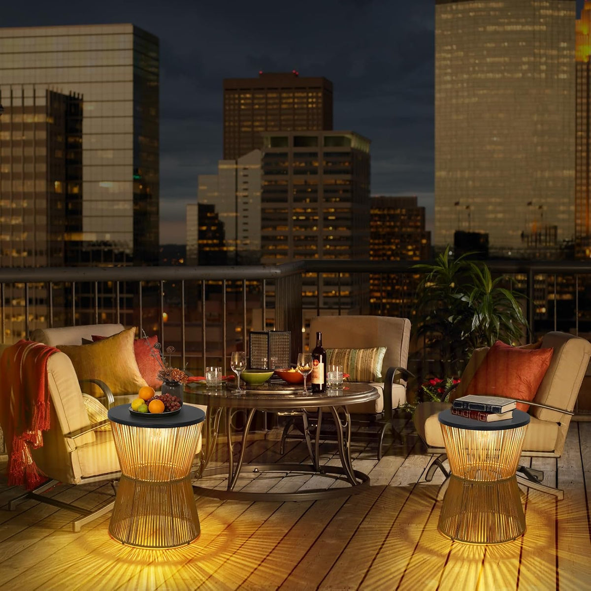 HMVPL Solar Outdoor Side Table with Dimmable Light, Patio Side Tables for Outside, Round Outdoor End Tables Set of 2, Plastic Rattan Patio End Accent Table for Poolside Backyard Gazebo, Dusk to Dawn