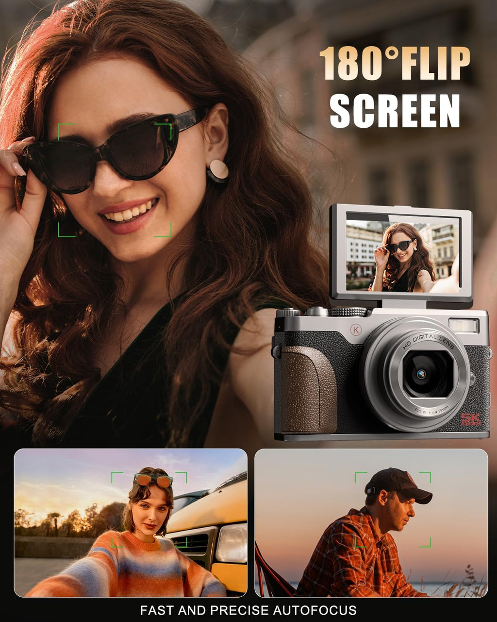 NBD 5K Vlogging Cameras Autofocus,64MP Digital Cameras for Photography,18X Zoom Travel Camera with Anti-Shake,2 Batteries,64GB TF Card(Silver
