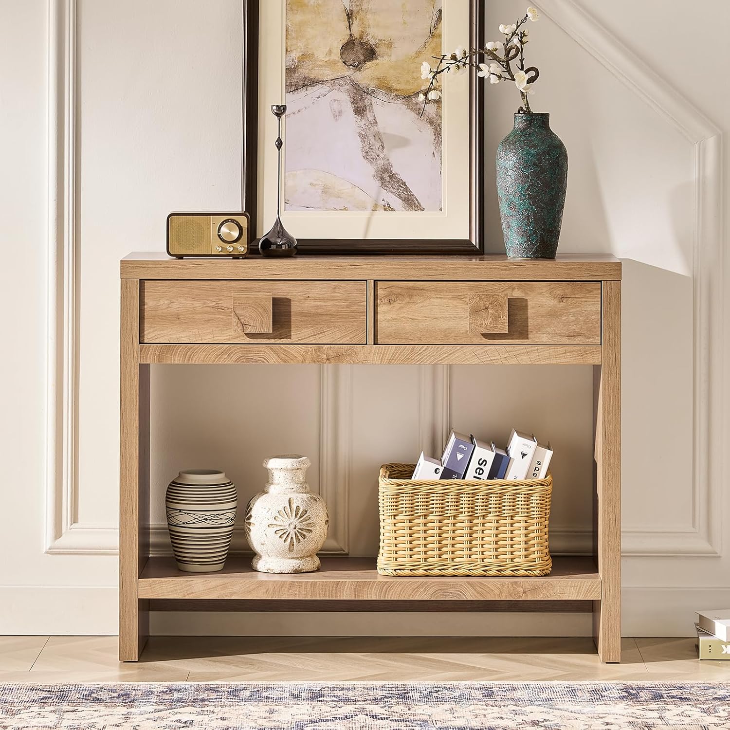 ONBRILL Console Table with Drawers, 40 Inch Narrow Entryway Table with Open Storage Shelves, Mid Century Modern Hallway Accent Tables Behind Couch Table for Living Room (Natural Oak)