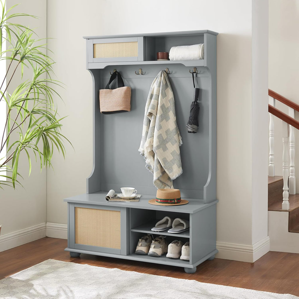 Wacfc Coat Hall Tree with Rattan Door, Clothes Hanger Hall Tree, Clothes Rack with Shoe Storage Bench, Coat Hook and Storage Open Shelf for Entryway Living Room, Gray